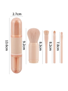 Macro view of 4-in-1 portable makeup brush set with nude pink finish and size details