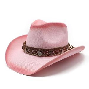 Pink bohemian straw cowboy hat with ethnic embroidered band and coin charms for outdoors