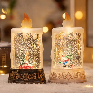 LED Christmas candle lantern with snow scene and glitter inside for festive table decor