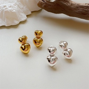 Double Heart Stud Earrings 925 Sterling Silver Geometric Minimalist Jewelry For Women Girls Elegant Daily Wear