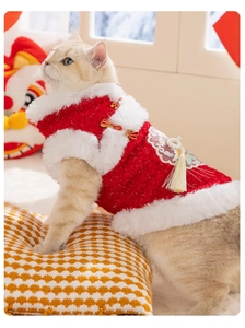 Detail of red festive pet vest with embroidery, tassel accents and white fur collar