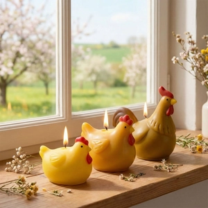 Three-piece chicken-shaped candle set featuring realistic hen and rooster details