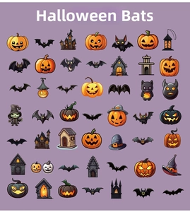 Flat lay of diverse Halloween stickers with pumpkins, bats, and ghosts on purple background