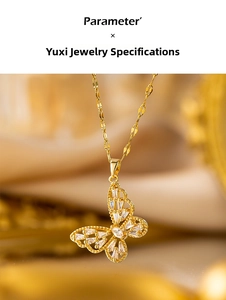 Close-up of golden butterfly pendant with sparkling cubic zirconia on titanium necklace