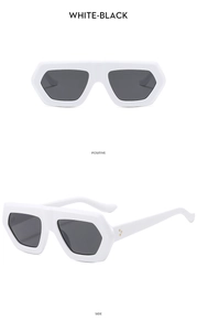 Detailed views of white chunky frame sunglasses with metallic rivets and black lenses