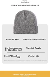 Size specifications of gray acrylic knitted beanie with 54-60cm circumference