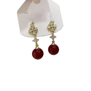 18K gold plated flower stud earrings with red bead drop and zircon crystals for women