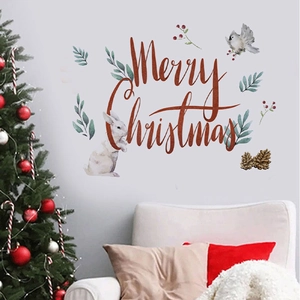 Christmas wall stickers featuring Merry Christmas text with rabbit and bird watercolor art
