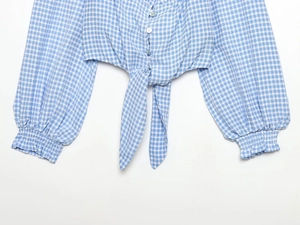 Detailed view of the blue plaid cropped blouse with front tie knot and elasticated cuffs