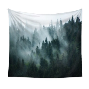 Detail showing the mist forest tapestry with realistic pine trees on a white wall