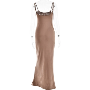 Detailed front view of brown slim fit backless maxi dress with thin straps on mannequin