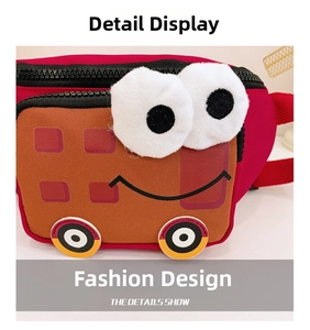 Close-up of kids red cartoon bus chest bag with plush eyes and decorative wheels