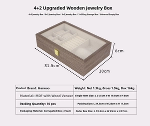 Wooden jewelry storage box with glass lid and velvet organizer case for rings and necklaces.