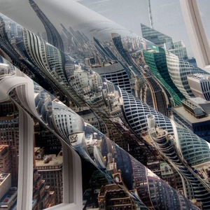 Detail of high-density fabric with cityscape skyscraper print showing texture and drape