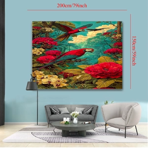 Detail showing 200x150cm dimensions of parrot tropical forest wall tapestry in living room