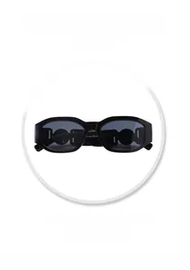 Detail of trendy small frame sunglasses featuring unique cutout ring temple design