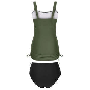 Detail of olive green tankini top with white scalloped trim and drawstring side ties