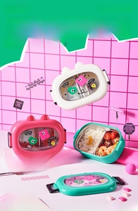 Close-up of divided 304 stainless steel lunch box with cartoon lid and fresh meal