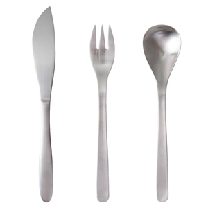 Matte Japanese 304 stainless steel cutlery set with knife, fork and spoon on white background