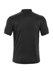 Back view of a men's black polo shirt featuring moisture-wicking fabric and fine stitching
