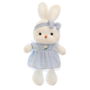 Cute white plush rabbit toy wearing a blue checkered dress and floral embroidery detail