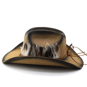 Detailed view of western straw hat with natural feathers and leather chin strap