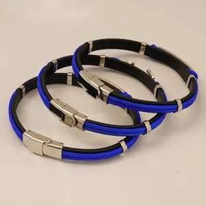 Three-piece set of woven blue and black anchor bracelets with polished stainless steel clasp