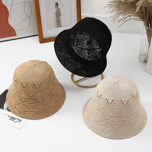 Women Hollow Knit Bucket Hat Breathable Foldable Sun Protection Summer Beach Japanese Style Elegant Fisherman Hat