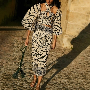 Halter Neck Swimwear And Long Puff Sleeve Top With Printed High Waist Beach Skirt Women Vacation Bohemian Style