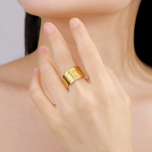 18K gold plated stainless steel wide ripple ring for women with minimalist wavy design