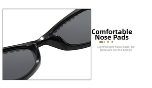 Close-up of comfortable integrated nose pads on black cat-eye sunglasses for women