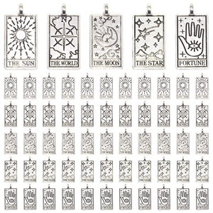 Pendentifs Cartes de Tarot Vintage en Alliage Électroplaqué Argent Antique Breloques pour DIY Collier Bracelet Rectangulaire Soleil Lune Étoile Fortune Monde Bijoux