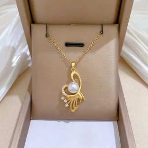 Elegant Golden Pendant Necklace With White Artificial Pearl And Clear Zirconia Fluid Feather Design Stainless Steel Chain