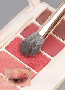 Macro view of eye blending brush with champagne gold handle picking up pink eye shadow powder