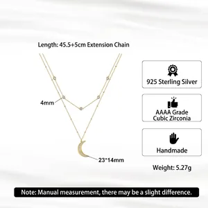 925 silver crescent moon necklace with double gold chains and sparkling cubic zirconia