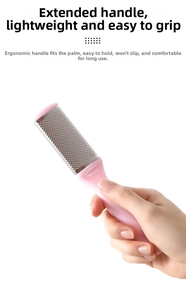 Close-up of pink foot callus remover featuring an ergonomic long handle and stainless steel surface