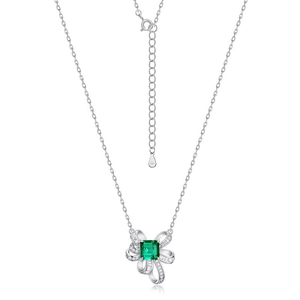 Sparkling S925 silver necklace featuring a square green emerald gemstone in a ribbon pendant