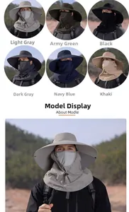 Detail of wide brim sun hat with mesh face mask and neck flap in six outdoor colors