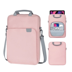 Detail view of pink nylon tablet sleeve showing organized internal storage for iPad and accessories