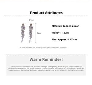Detailed specs of zircon leaf tassel earrings: 12.1g weight and 0.7x7cm dimensions