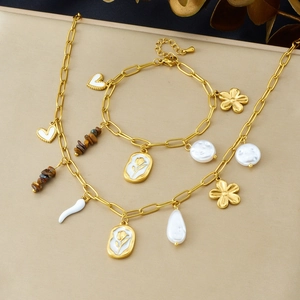 Elegant Necklace And Bracelet Jewelry Stainless Steel Multi Charm Tiger Eye Stone Faux Artificial Pearl Flower Heart Relief Vintage Women