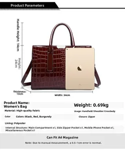 Detailed size chart for crocodile pattern tote bag with 14cm handle and 34cm width specs