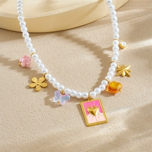 Chic pearl necklace with pink heart cube, golden star and butterfly charms