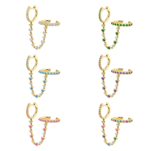 Hoop Earring Connected Chain Ear Cuff Copper Cubic Zirconia With Silver Earring Post Trendy Fashion Jewelry For Women
