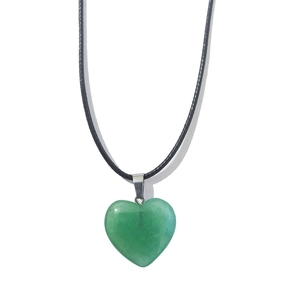 Detailed view of 20mm heart-shaped green aventurine stone pendant with black cord