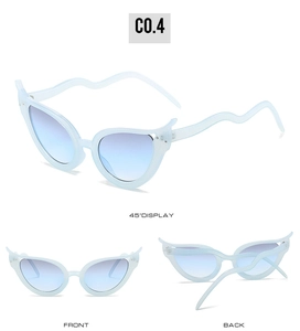 Three-view display of cat-eye sunglasses with blue wavy temples and gradient lenses