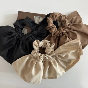 Elegant silk satin scrunchies with ruffle bow design in black, brown and beige colors