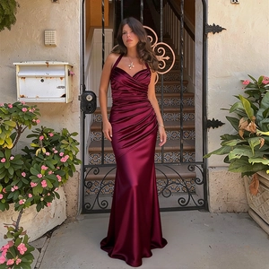 Robe De Soirée Élégante En Satin Dos Nu Froncé Coupe Sirène Longue Pour Femmes Sexy Fête Banquet Rouge Vin