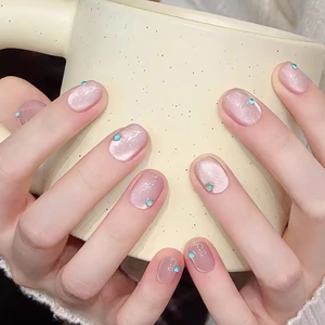 Pink Crystal Cat Eye Press On Nails With 3D Green Beads Almond Shape Translucent Glossy Elegant Wearable False Nails
