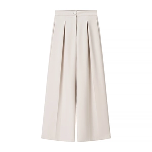 Minimalistische beige broek met hoge taille, wijde pijpen en elegante plooien aan de voorkant